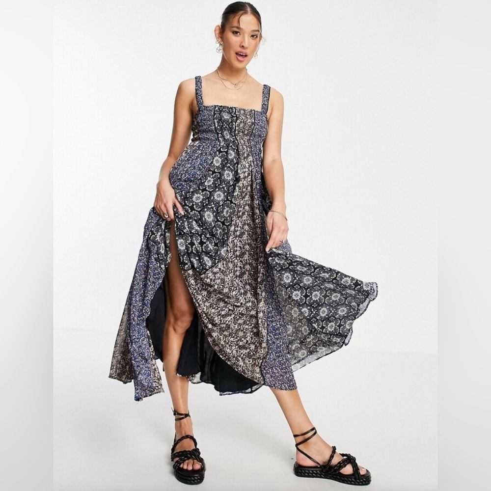 Free People Black Navy Floral Patchwork Maxi Dress